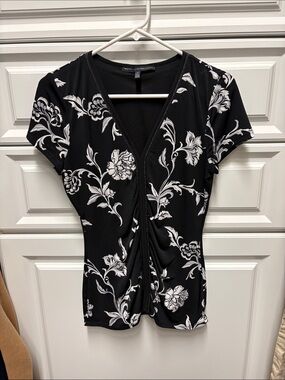 White House Black Market Black and White Floral Twist-Front Top